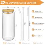 20 Oz Drinking Glasses with Bamboo Lids and Glass Straw - 8 Pcs Glass Cups Beer Ice Coffee Glasses Cute Aesthetic Cup Great for Coffee Bar Accessories Include 2 Cleaning Brushes