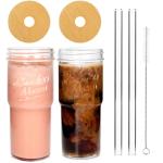 ANOTION Glass Cups with Lids and Straws 2 Packs, 24oz Travel Coffee Mug Wide Mouth Bamboo Mason Jar Iced Coffee Cup Smoothie Cup Glass Tumbler Tea Cup Clear Cute Water Cups Drinking Jars Glasses