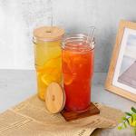 ANOTION Glass Cups with Lids and Straws 2 Packs, 24oz Travel Coffee Mug Wide Mouth Bamboo Mason Jar Iced Coffee Cup Smoothie Cup Glass Tumbler Tea Cup Clear Cute Water Cups Drinking Jars Glasses