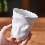 RabyLeo Unique Ceramic Mug Inspired by Crumpled Paper Cup Design，Artistic & Irregular Shape, Perfect for Coffee, Tea, and Hot Beverages，Ideal for Home, Office (White, Small)