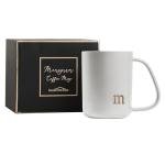 COLLECTIVE HOME - Ergonomic Handle Ceramic Mug, 15 oz Personalized Coffee Cup with Golden Initial, Microwave & Dishwasher Safe, Elegant Monogram Tea Mug in Gift Box for Home & Office (White-m)