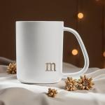 COLLECTIVE HOME - Ergonomic Handle Ceramic Mug, 15 oz Personalized Coffee Cup with Golden Initial, Microwave & Dishwasher Safe, Elegant Monogram Tea Mug in Gift Box for Home & Office (White-m)