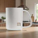COLLECTIVE HOME - Ergonomic Handle Ceramic Mug, 15 oz Personalized Coffee Cup with Golden Initial, Microwave & Dishwasher Safe, Elegant Monogram Tea Mug in Gift Box for Home & Office (White-m)