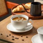 Feenmai 10 oz Cappuccino Cups with Saucers, Ceramic Espresso Coffee Cups Set of 4, White Latte Cup and Saucer, Elegant Tea Mugs Set, Microwave Dishwasher Safe Drinkware for Cafe, Housewarming Gift