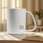 COLLECTIVE HOME - Ergonomic Handle Ceramic Mug, 15 oz Personalized Coffee Cup with Golden Initial, Microwave & Dishwasher Safe, Elegant Monogram Tea Mug in Gift Box for Home & Office (White-m)