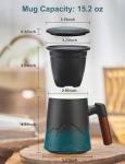 suyika Tea Cup with Infuser and Lid, 15.2 Ounce Wood Handle Ceramic Loose Leaf Mug Gradient Black&Green 450ml