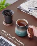 ZENS Embossed Ceramic Tea Mug with Infuser and Lid, 14.5 oz Wooden Handle, Loose Leaf Tea Steeper Cup & Strainer for Tea Lovers Gifts