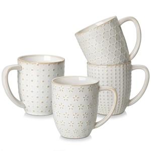 MALACASA LYDIA Coffee Mugs, 16 OZ Ceramic Mugs Set of 4 with Handle, Embossment Cups for Latte, Hot Tea, Cappuccino, Mocha, Cocoa, Dishwasher & Microwave Safe Gift Set, White