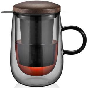 glastal Tea Infuser Mug 14.5oz Glass Tea Cup with Removable Stainless Steel Infuser and Lid, Double-walled Black Glass Tea Cup Teacup for Loose Leaf Tea, Birthday for Parents Dad Mum Friends Office