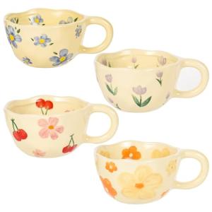 MAKCNMYM Ceramic Coffee Mug Vintage Flower Mugs 8 oz Cute Floral Coffee Mugs Irregular Latte Art Cup Lead-free Porcelain Cups for Cappuccino, Cocoa (4 Pack)