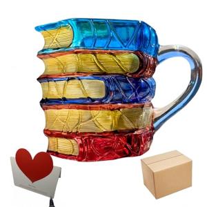 Stained Glass Book Stack Coffee Mug, 6 oz Crystal Novelty Cup, Colorful Handcrafted Design, Unique Gift for Book Lovers (Minimalist)