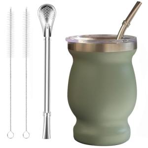 Beruth Bombilla Yerba Mate Gourd, 8oz Stainless Steel Tea Cup Set with a Multifunctional Lid, Two Straws and Cleaning Brushes, Double Walled Coffee Mug Heat Insulation Anti Scalding (Avocado Green)