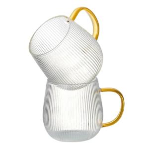 GLASKEY Borosilicate Glass Coffee Mugs Set of 2,12oz Glass Coffee Cups with Vertical Stripes Pattern,Clear Tea Cup for Tea,Coffee,Latte,Hot and Cold Beverage,Christmas Thanksgiving Gifts