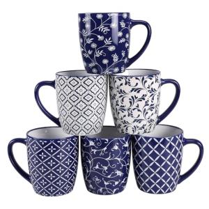 Schliersee 18 OZ Large Coffee Mugs Set of 6, Ceramic Mug for Man Woman, Blue White Geometric Floral Porcelain Cup for Latte, Hot Tea, Cappuccino, Mocha, Cocoa, Housewarming Wedding Mug Present