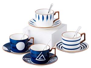 Jusalpha Japanese style hand printed- 7oz Fine China Tea Cup/Coffee Cup With Spoon and Tray/Saucer Set, Tableware, Serve of 4, TCS25