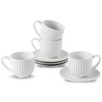 Hasense Porcelain Cappuccino Cups and Saucers Set of 4,White Ribbed 6 Oz Demitasse Tea Cup with big Handle, Mugs Set for Coffee,Tea,Latte and Mocha, Aesthetic Gift for Anniversary or Holiday