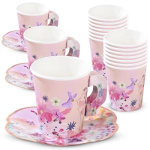 12 x Pretty Pink Floral Paper Tea Cups & Saucer Set | Mother's Day Table Party Decorations | Disposable Tableware For Birthday, Garden Party, Afternoon Tea, Bridal or Baby Shower, Wedding
