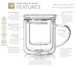 Teabloom Heatproof and Insulated Borosilicate Glass Tea Cup with Infuser for Whole-Leaf Loose Tea – Tea Purist's Choice – Wellbeing Double-Walled Infusion Mug with Lid (8 oz)