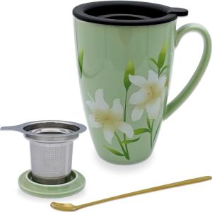 YumKubis Tea Infuser Cup, 17oz Porcelain Large Tea Mugs with Infuser and Lid for Housewarming, Graduation, Retirement, Lily Green