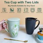 YumKubis Tea Infuser Cup, 17oz Porcelain Large Tea Mugs with Infuser and Lid for Housewarming, Graduation, Retirement, Lily Green