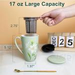 YumKubis Tea Infuser Cup, 17oz Porcelain Large Tea Mugs with Infuser and Lid for Housewarming, Graduation, Retirement, Lily Green