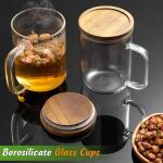 DRASTAR Glass Coffee Cups, 20 oz Large Coffee Mugs, Flat Bottomed Cups with Acacia Wood Lid, Glass Tea Cup with Handle, ClearTea Cup Set of 2