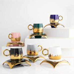GLOXZY Turkish Coffee Cup Set of 6 with Saucers - Luxury Arabic Greek Japanese Marble Ceramic Tea Cups for Espresso Cappuccino Latte Mocha, Ideal Gift - 3.5oz,- Assorted Colors