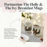 Portmeirion Holly & Ivy 9 Oz Breakfast Mugs (Set of 6) - Holiday Earthenware for Seasonal Tableware, Coffee & Tea Cup - Hand-Decorated, Oven, Microwave & Freezer Safe Mug Set for Entertaining