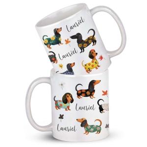 Funny Dachshund Ceramic White Cup - Personalized Adorable Dog Gift for Men Women - Full Wrap Coffee Mug With Custom Name - Pet Themed Animal Cup 11oz 15oz