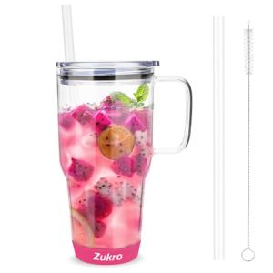 Zukro 32 oz Drinking Glass Tumbler with Handle, Iced Coffee Cup with Straw and Lid, Reusable Glass Bubble Tea Water Cup With Silicone Bumper, Fits In Cupholder, Dishwasher Safe, BPA Free, Watermelon