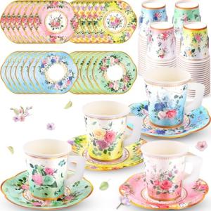 SUMMORO 160 Pcs Floral Paper Tea Cups and Saucers 7 OZ Disposable Paper Tea Cups with Handle and Plates for Tea Party Decoration Birthday Baby Shower Bridal Wedding Mother's Day