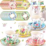 SUMMORO 160 Pcs Floral Paper Tea Cups and Saucers 7 OZ Disposable Paper Tea Cups with Handle and Plates for Tea Party Decoration Birthday Baby Shower Bridal Wedding Mother's Day