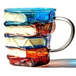 AKLOZYX Artistic Book Stack Glass Coffee Mug, 350ml Capacity, Handmade Tea Cups Cool Funny, Decorative Design for Book Lovers Gifts for Women and Man (3D Painted（A)