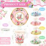 SUMMORO 160 Pcs Floral Paper Tea Cups and Saucers 7 OZ Disposable Paper Tea Cups with Handle and Plates for Tea Party Decoration Birthday Baby Shower Bridal Wedding Mother's Day