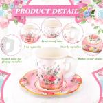 SUMMORO 160 Pcs Floral Paper Tea Cups and Saucers 7 OZ Disposable Paper Tea Cups with Handle and Plates for Tea Party Decoration Birthday Baby Shower Bridal Wedding Mother's Day