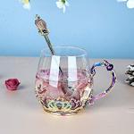 SWTHONY Glass Fancy Tea Cup Mug with Spoon European Style Carved Flower Coffee Mugs Set Birthday Gift for Women Wife Mom Grandma