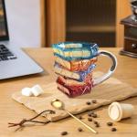 AKLOZYX Artistic Book Stack Glass Coffee Mug, 350ml Capacity, Handmade Tea Cups Cool Funny, Decorative Design for Book Lovers Gifts for Women and Man (3D Painted（A)