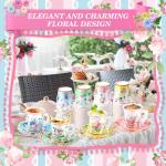 SUMMORO 160 Pcs Floral Paper Tea Cups and Saucers 7 OZ Disposable Paper Tea Cups with Handle and Plates for Tea Party Decoration Birthday Baby Shower Bridal Wedding Mother's Day