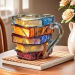 AKLOZYX Artistic Book Stack Glass Coffee Mug, 350ml Capacity, Handmade Tea Cups Cool Funny, Decorative Design for Book Lovers Gifts for Women and Man (3D Painted（A)