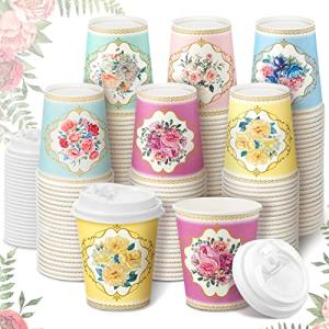 Karenhi 36 Pack 9 oz Floral Paper Cups Bridal Shower Vintage Tea Cup Wedding Disposable Coffee Mugs with Lids for Women Girls Tea Party Decorations Baby Shower(Retro)