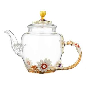 Glass Teapot -300 ml (10 oz), Flower Decoration Heat Resistant Glass Teapot Kettle with Golden Leaf Edge Color Floral Pattern Retro Teapot Tea Party Set (Pink)