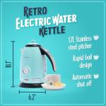 Nostalgia Retro Stainless Steel Electric Tea And Water Kettle, 1.7 Liters, Auto-Shut Off & Boil-Dry Protection, Water Level Indicator Window, Aqua