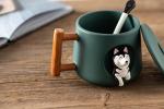 DIHOclub Ceramic Coffee Mug with Lid and Matching Spoon,Novelty 3D Husky Pattern Mug for Tea Milk Chocolate Juice,Cute Cup for Dog Lovers,Perfect Gifts-14 Ounces (green)