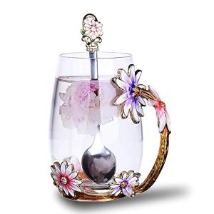 Good King Flower Glass Tea Mug, Lead-Free Handmade Enamel Coffee Mug Tea Cups with Spoon For Women Grandma Mom Teachers Friend Wife 12oz