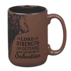 Christian Art Gifts Large Inspirational Ceramic Microwave & Dishwasher Safe Coffee & Tea Scripture Mug for Men & Women: Lord is My Strength Encouraging Bible Verse, Lion Design, Brown & Black, 14 oz.