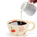 Yopay 2 Pack Ceramic Coffee Mug with Spoon, 8oz Handmade Hot Chocolate Mugs, Cute Cup for Girl Microwave Safe, Aesthetic Tea Milk Cup with Handle for Latte, Cocoa, Gift, Mom(Cherry flower)