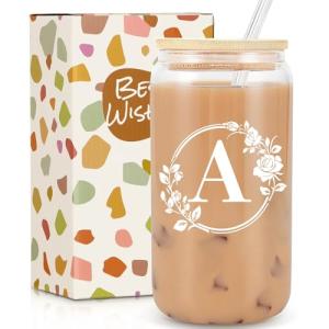 Birthday Gifts for Women, Monogrammed Initial Glass Cup Personalized Gifts for Women, 16oz Glass Cups with Lids and Straws, Iced Coffee Cup, Beer Can Shaped Glass - Gifts for Christmas, Birthday, A