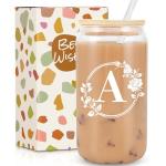 Birthday Gifts for Women, Monogrammed Initial Glass Cup Personalized Gifts for Women, 16oz Glass Cups with Lids and Straws, Iced Coffee Cup, Beer Can Shaped Glass - Gifts for Christmas, Birthday, A