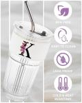 Initial Glass Cup with Lid Straw Ribbed Ice Tea Clear Tumbler Her Sister Coffee Matcha Latte Girlfriend Gf Aunt Best Friend Friendship Bestie Wife Cute Asthetic Unique Birthday Personalized Gift K