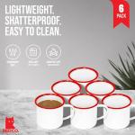 Red Co. Set of 6 Enamelware Metal Medium Classic 12 Oz Round Coffee and Tea Mug with Handle, Solid White/Red Rim